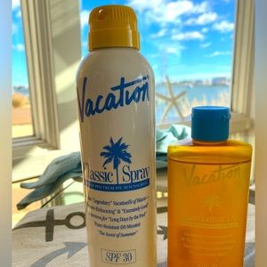 Vacation brand 30spf sunscreen spray and 30 spf Chardonnay oil